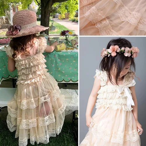 Vista 4 de Ever Fairy Vestido rústico de arpillera para niña de encaje con flores y flores para niñas