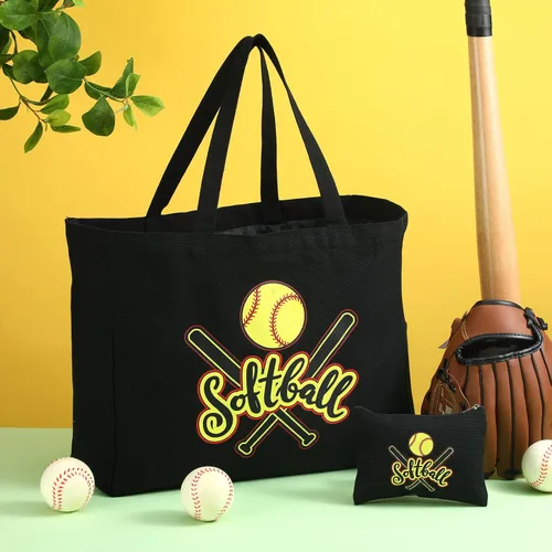 Vista 4 de Hillban 2 piezas de softbol bolsa de maquillaje de softbol bolsa de lona casual de gran tamaño bolsa de cosméticos bolsa grande deportes mamá bolsa