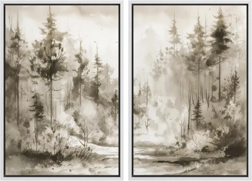 Vista 130 de MUDECOR Lienzo enmarcado para pared, bosque brumoso, reflejos, paisaje tranquilo, ilustraciones modernas, arte decorativo, bohemio, tranquilo/zen