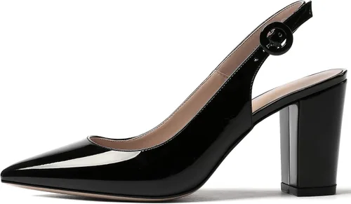 Vista 2 de WAYDERNS Zapatos de tacón alto con hebilla y hebilla para el tobillo y puntera puntiaguda gruesa de patente gruesa para mujer, 3 pulgadas