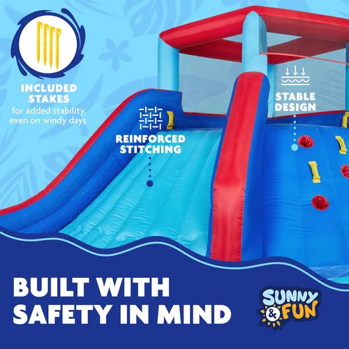 Vista 4 de Sunny & Fun - Parque inflable de cuatro esquinas, resistente para diversión al aire libre, pared de escalada, tobogán y piscina profunda, fácil