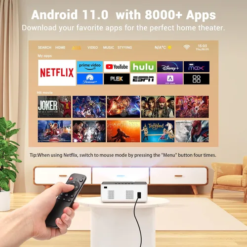 Vista 3 de Mini proyector con Android TV 11.0, proyector inteligente Towond con WiFi y Bluetooth, proyector portátil nativo de 1080p Netflix integrado