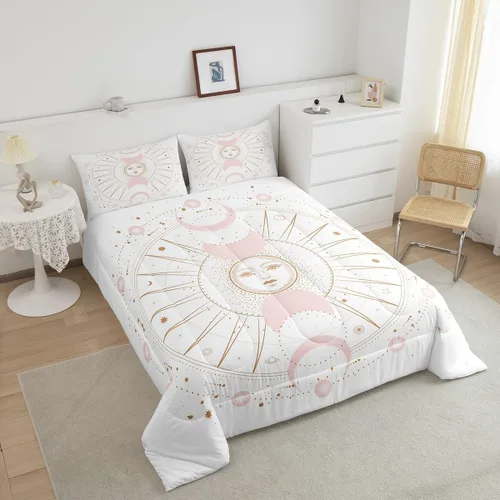 Vista 4 de Juego de edredón bohemio dorado tamaño Queen para niños y niños, decoración de habitación de luna rosa, misterioso, bohemio, juego de ropa de cama