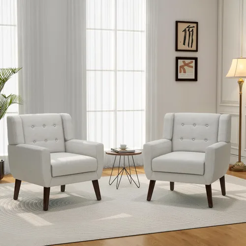 Vista 5 de Accent Chair Set of 1, Comfy Reading Armchair, Beige Linen Blend, Tufted Button Backrest, Solid Wood Frame, Upholstered Club Single Sofa Chairs