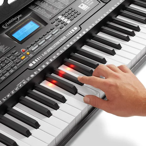 Vista 5 de Ashthorpe Piano de teclado digital de 61 teclas con teclas iluminadas, kit de piano electrónico para principiantes con soporte, taburete