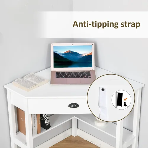 Vista 8 de HOMCOM Escritorio esquinero, escritorio triangular para computadora con cajón y estantes de almacenamiento para espacios pequeños, estación