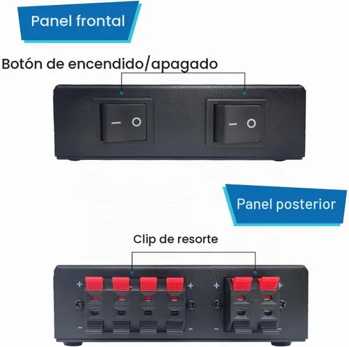 Vista 2 de Selector de altavoces de 2 vías, caja de distribución pasiva de 2 zonas de 150 W/canal con protección de impedancia, conectores de clip de resorte