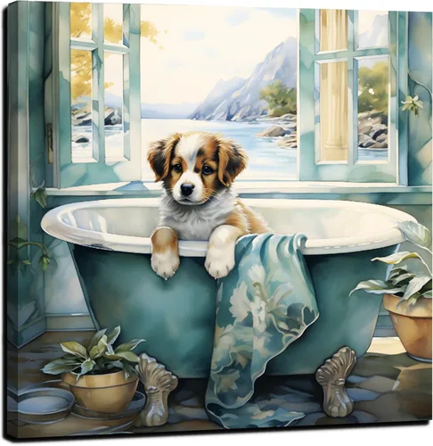Vista 6 de LAIART Impresión en Lienzo para Baño Arte Decorativo de Pared Imagen de Bañera Verde Azulado Vista al Mar desde la Ventana Obra de Arte