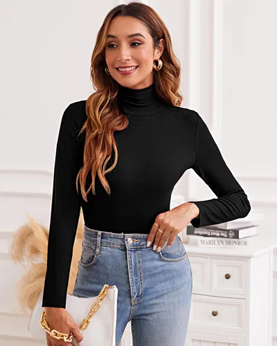 Vista 2 de XSRYT Women Long Sleeve Mock Turtleneck Lightweight Ribbed Knit Shirts Underscrub Pullover Tops