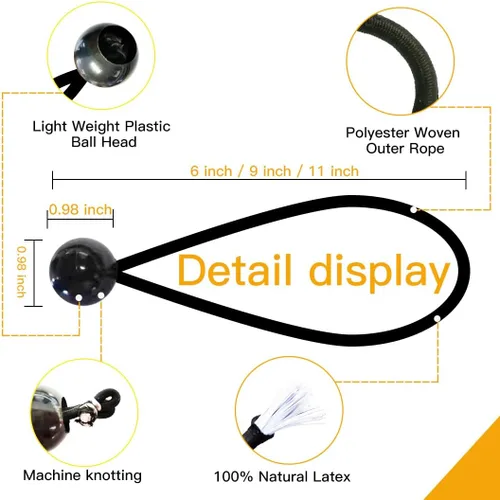 Vista 3 de Lanlord Cuerdas elásticas negras de 11 pulgadas con bolas, 12 cuerdas elásticas de bola, cuerdas elásticas de lona, 11 pulgadas, 12 piezas (bola)