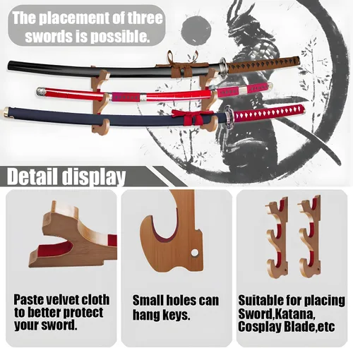 Vista 4 de Soporte Katana de 3 niveles, soporte de pared para espada, soporte de espada samurái, soporte de espada samurai de madera de 9.4 pulgadas, apto