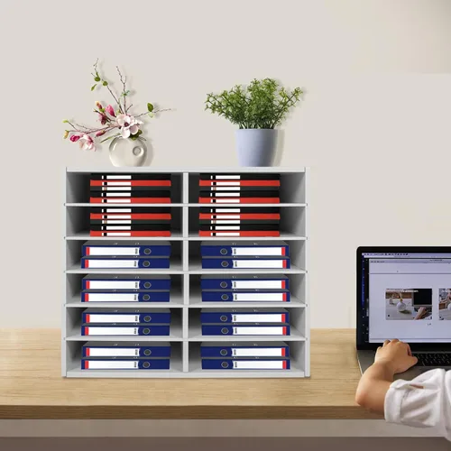 Vista 7 de Organizador de literatura de escritorio con 12 compartimentos, clasificador de archivos ajustable, centro de correo, soporte para revistas, gabinete
