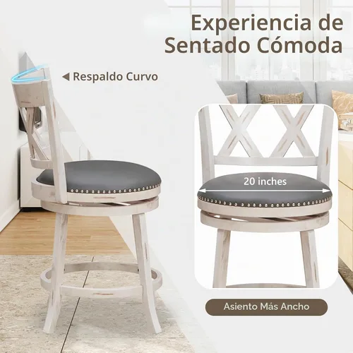 Vista 8 de COSTWAY Juego de 2 taburetes de bar para isla de cocina, taburetes giratorios de altura de mostrador sin brazos de 25.5 pulgadas con asiento