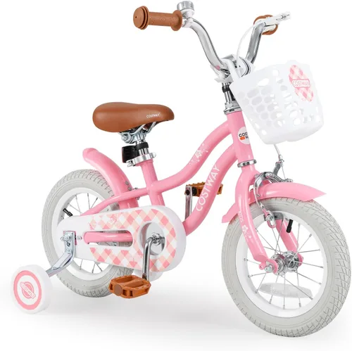 Vista 35 de COSTWAY Bicicleta para niños de 12, 14, 16, 18 pulgadas, bicicleta para niños con ruedas de entrenamiento, frenos de mano y posavasos, sillín