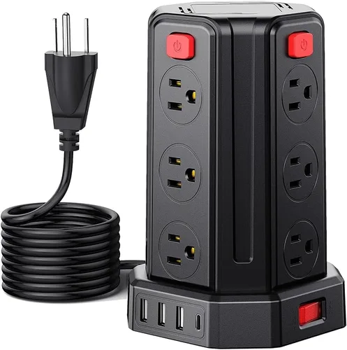 Vista 9 de Tira de alimentación con protector de sobretensiones, cable de extensión de 6.5 pies con 12 tomas múltiples de CA, 4 USB (1 USB C), estación de Negro