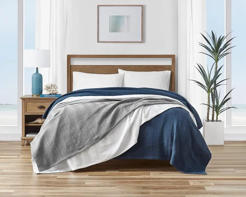 Vista 5 de Nautica - Manta tamaño Queen, ropa de cama tejida de algodón texturizado, ideal para cama o sofá, certificado Oeko-Tex (rayas grises)