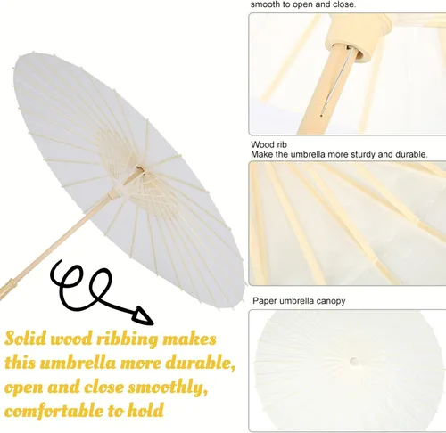 Vista 6 de Paraguas de papel paraguas aceitado de papel blanco para bricolaje arte chino paraguas de danza clásico sombrilla oriental con mango de madera