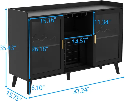 Vista 2 de Auromie Armario de bar de vinos con luz LED, gabinete de café para el hogar con estante para vino y vidrio, aparador de cocina con estantes de Negro