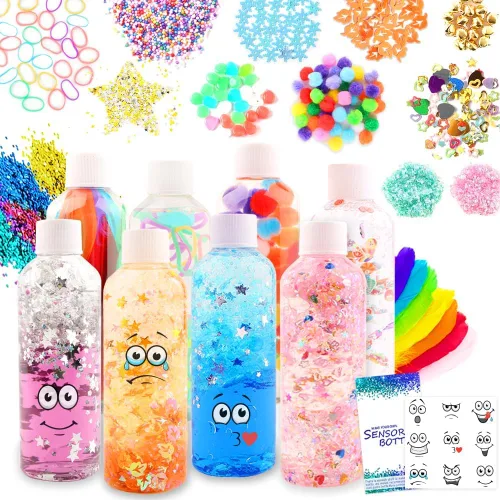 Vista 6 de Kits de botellas sensoriales para calmar la esquina, juguetes sensoriales Magic Mixies para niños de 1 a 3 años con purpurina, 5 recipientes