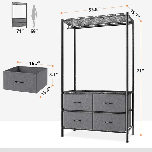 Vista 7 de Raybee Perchero con 4 cajones y estantes, perchero resistente para colgar ropa, portátil, resistente y duradero, negro
