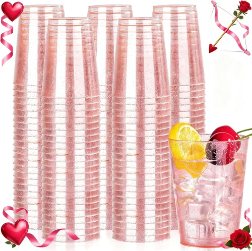 Vista 15 de DaYammi Paquete de 100 vasos de plástico dorados de 16 onzas, elegantes vasos de plástico transparente con borde dorado, desechables, copas de vino