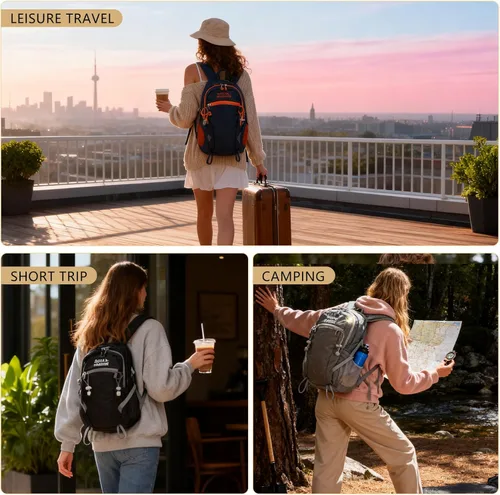 Vista 7 de Mochila de senderismo con cubierta contra la lluvia, mochilas de viaje de 20 litros para mujeres y hombres, mochila de camping ligera y duradera