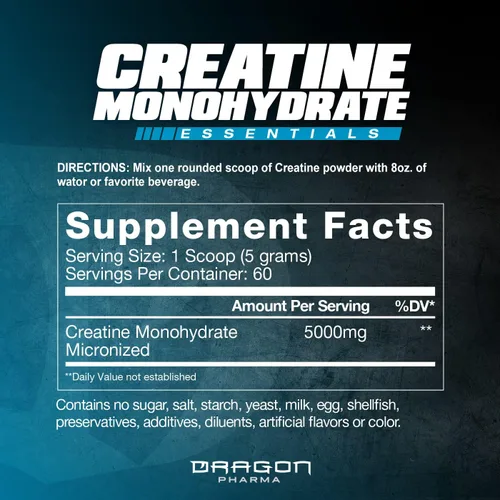 Vista 2 de DRAGON PHARMA Monohidrato de creatina, ayuda a la recuperación muscular, suplemento posentrenamiento, soporte antioxidante (60 porciones, sin sabor)