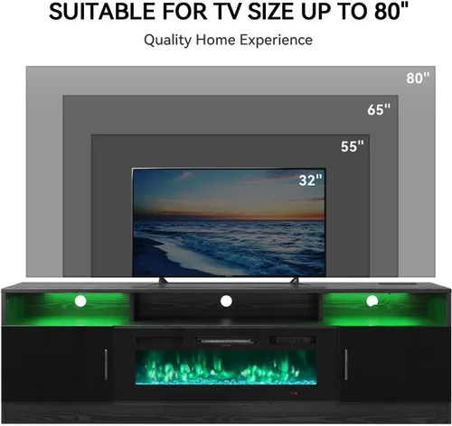 Vista 9 de MXV - Soporte de TV con chimenea de 70 pulgadas con toma de corriente para televisores de hasta 80 pulgadas, centro de entretenimiento con chimenea