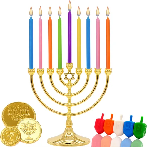 Vista 2 de The Dreidel Company Menorá con estrella tradicional de acabado dorado antiguo, tamaño completo 17,78 cm Oro envejecido
