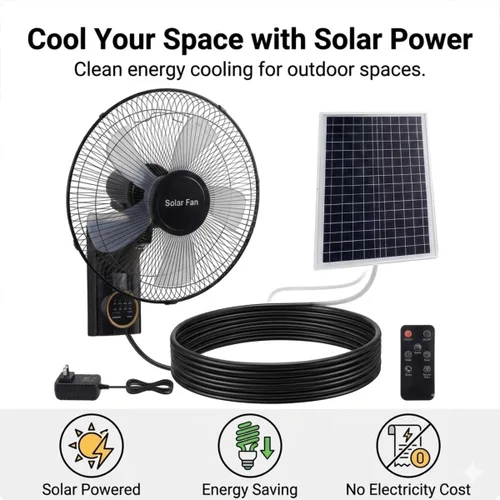 Vista 2 de 16" Solar Barn Fan for Chickens & Greenhouses - Oscillating Wall Fan with Remote Control, AC/Solar Dual Power, Waterproof 90° Cooling, 16ft