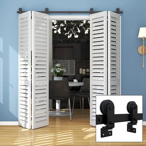 Vista 7 de TSMST Kit de rieles de 4 pies y 48 pulgadas para puerta corrediza de granero plegable que ahorra espacio para 4 puertas, kit de herrajes