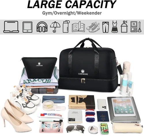Vista 4 de Bolsas de viaje para mujer, bolsas de fin de semana, bolsa de lona para mujer, A-Negro, Simple y a la moda, Beis