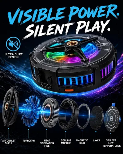 Vista 4 de Phone Cooler, Low Noise Cooling Fan for Phone Phone Cooler for Gaming USB Semiconductor Cooling Fan RGB Light, Magnetic Ring & Clip Cellphone black