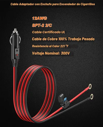 Vista 2 de 12AWG Cable de Cargador de Encendedor de Cigarrillos Resistente, Cable Adaptador de Encendedor de Cigarrillos Macho de 3.3FT con Luz LED y Caja