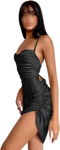 Vista 2 de ANKOMINA - Mini vestido para mujer con cordones de raso, elegante sin espalda, con correa de espagueti, acanalado, para fiesta, cóctel, clubwear