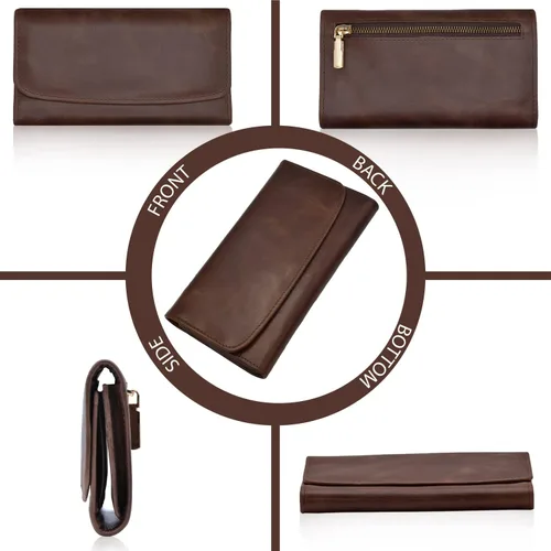 Vista 5 de Leather SR Cartera de cuero de grano superior RFID para mujer, con aspecto vintage resistente con 13 ranuras para tarjetas, 2 compartimentos