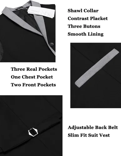 Vista 6 de COOFANDY Chaleco de Traje para Hombre de Corte Ajustado Formal de Negocios Chaleco de Vestir Chaleco Casual de Boda Negro