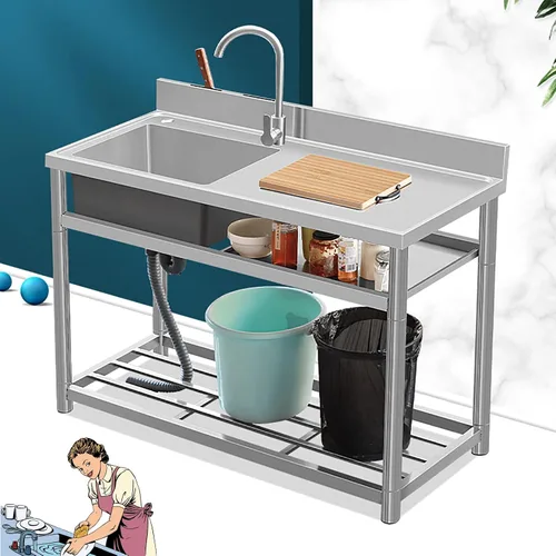 Vista 2 de Fregadero de restaurante comercial, fregadero de cocina utilitario, con grifo y estantes de almacenamiento dobles de acero inoxidable, fregadero