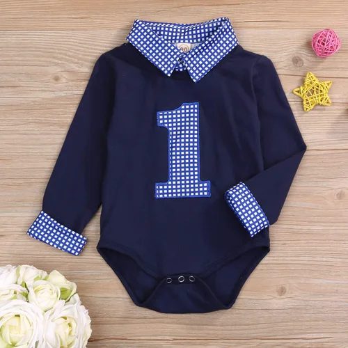 Vista 3 de Mameluco de manga larga para bebé niño, para primer cumpleaños, a cuadros, cuello alto