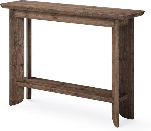 Vista 8 de LITTLE TREE Mesa de sofá de 41.3 pulgadas, mesa consola de madera maciza de 2 niveles para sala de estar, moderna mesa de sofá detrás del sofá, mesa