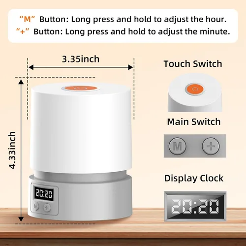 Vista 2 de Luz nocturna de guardería con reloj para niños, lámpara táctil de mesita de noche, lámpara de noche portátil para lactancia materna para bebé