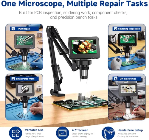 Vista 8 de 4.3 Inch Digital Soldering Microscope with C-Clamp For PCB repair and soldering checks; compact clamp setup keeps both hands free, and the screen
