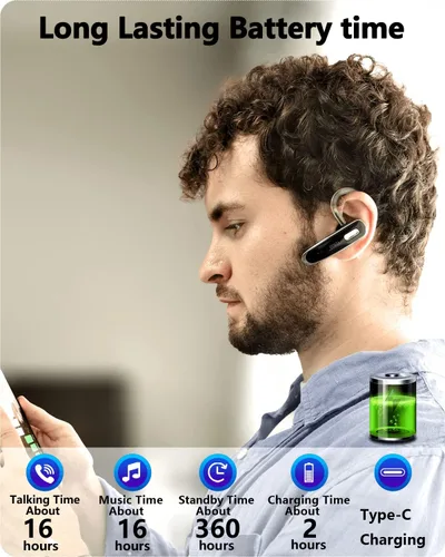 Vista 6 de Auriculares Bluetooth, V5.1 Auriculares inalámbricos ultraligeros manos libres con cancelación de ruido y micrófono para teléfono celular, PC