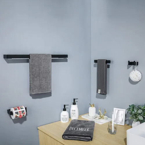 Vista 6 de Juego de 4 piezas de accesorios de hardware para baño, color negro, incluye toallero, soporte para toallas, gancho para bata, soporte para papel