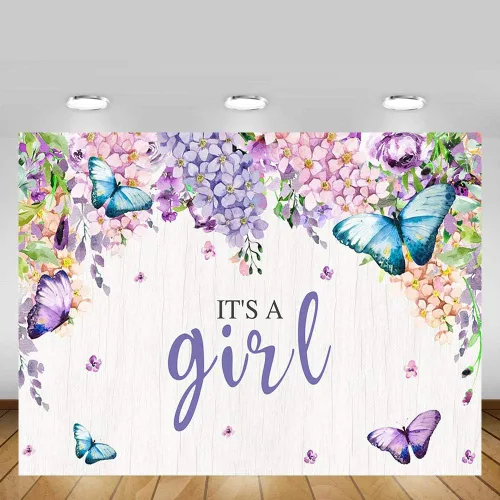 Vista 2 de MEHOFOTO - Cartel de fondo de cabina de estudio fotográfico con texto en inglés "It's A Girl" con diseño de mariposa para baby shower, baby shower