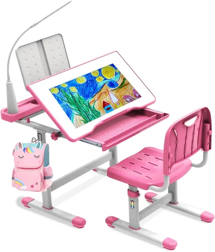 Vista 9 de BELANITAS Juego de escritorio y silla para niños, escritorio escolar de altura ajustable para niños, inclinable de 40 grados con 3 modos de luz