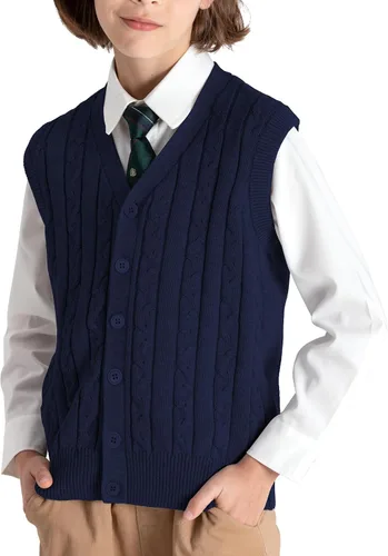 Vista 3 de BOBOYOYO Chaleco de suéter para niños, 100% algodón, chaleco para uniforme escolar, chaleco con botones para niños y niñas