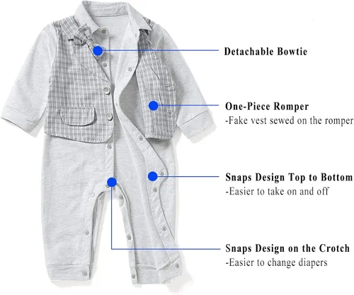 Vista 5 de HOSUKKO - Traje de bebé para caballero, mamelucos + boina + corbatín (0-24 meses)