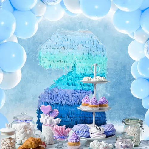 Vista 6 de Sratte Piñata Número 1 2 3 4 5 6 7 8 9 con Palo, Venda para los Ojos, Confeti, Piñata Azul Degradado para Niños y Niñas Fiestas de Cumpleaños