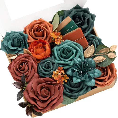 Vista 13 de Ling's moment Caja de flores falsas, tallos de vegetación artificiales artificiales, rosas de espuma, dalia, gardenia, tulipán, flor fábica de seda